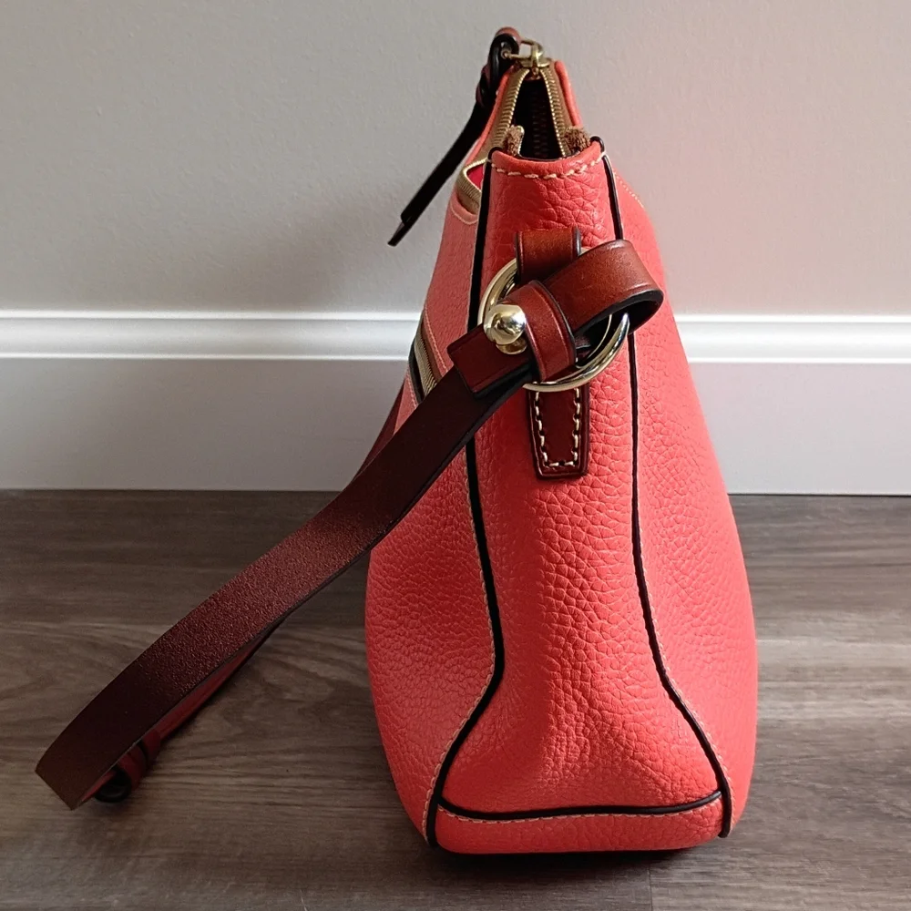 Dooney & Bourke Womens Kiley Orange Peach Pebbled Leather Red Liner Hobo Handbag
